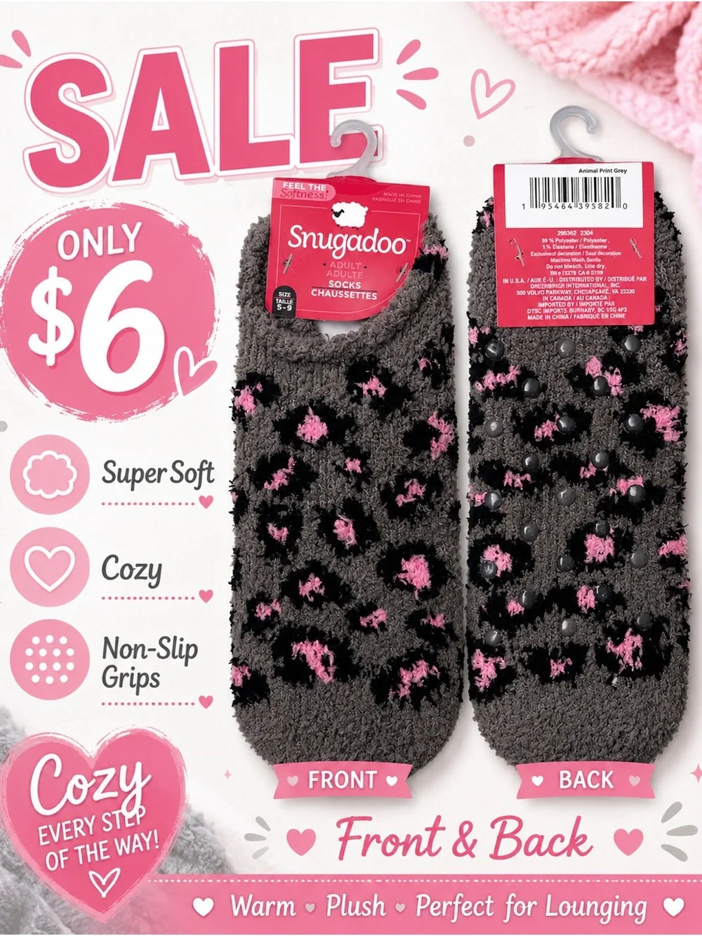 🩷. 8041. Snugadoo Cozy Non-Slip Fuzzy Slipper Socks - Gray with Pink Accents